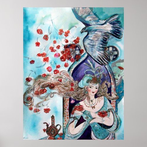ORIENTAL FAIRY TALE  PRINCESSRED ROSES AND HAWK POSTER