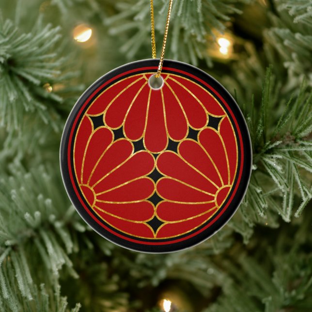 Oriental Faux Gold Kiku Chrysanthemum Mon Art Ceramic Ornament (Tree)