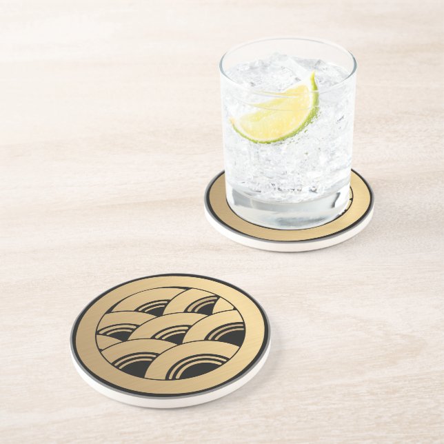 Oriental Faux Golden Waves Japanese Kamon Coaster (Side)