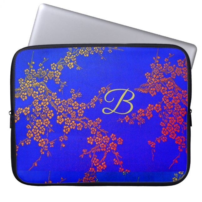 Oriental floral cherry blossom japanese blue red laptop sleeve (Front)