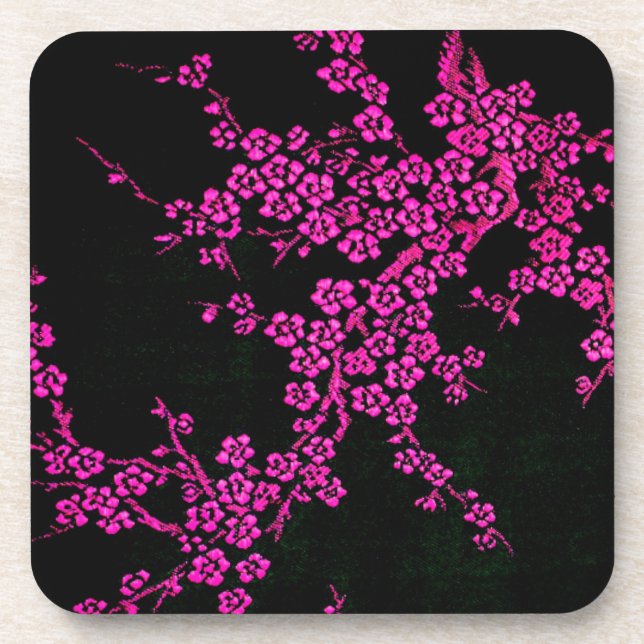 Oriental floral cherry blossom japanese pink black beverage coaster (Front)