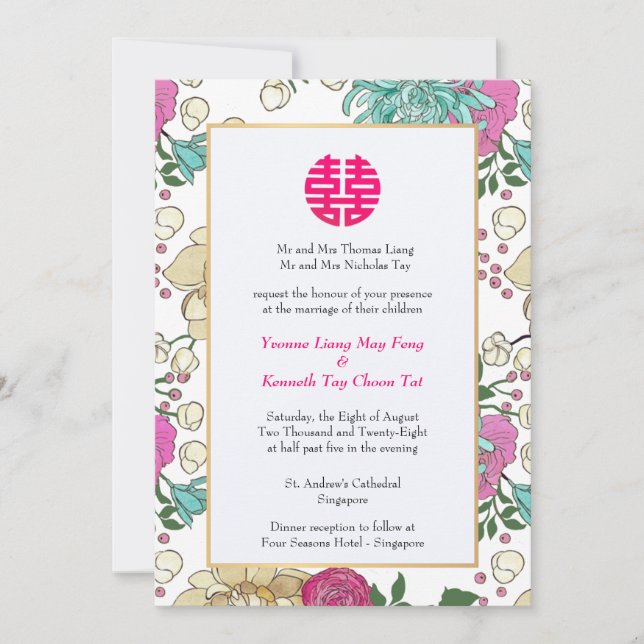 Oriental Floral Double Happiness Chinese Wedding Invitation (Front)