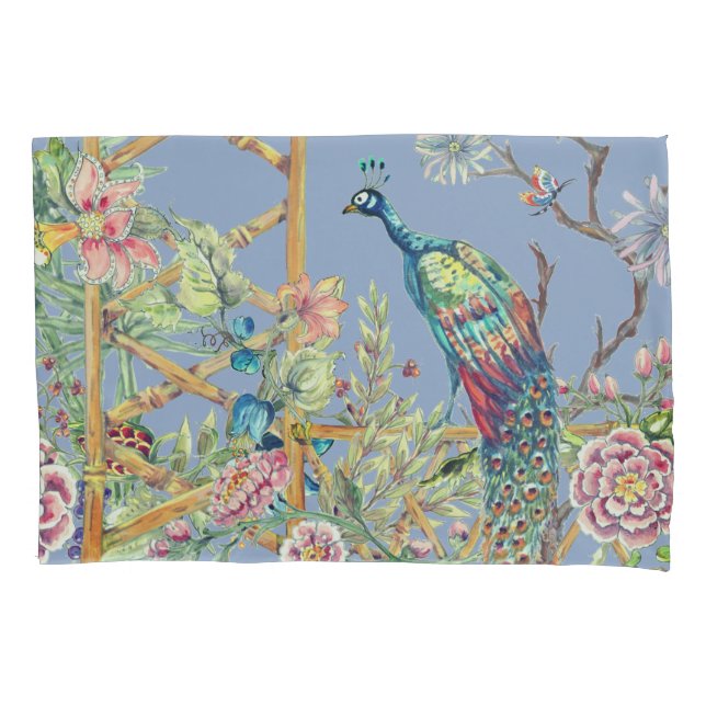 Oriental Floral Garden & Peacock Chinoiserie Blue Pillow Case (Front)
