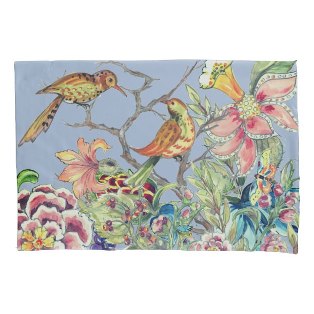 Oriental Floral Garden with Birds Chinoiserie Blue Pillow Case (Front)