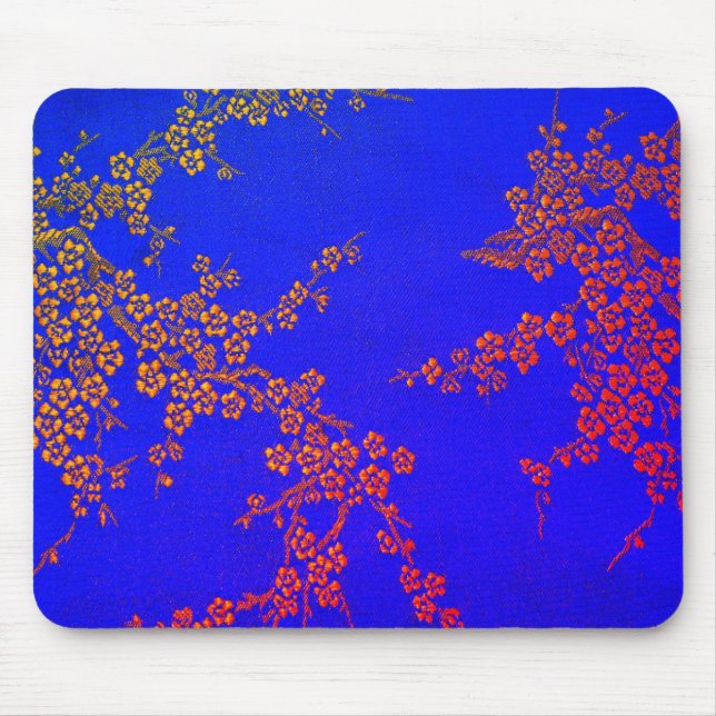 Oriental floral japanese blue red embroidered look mouse pad (Front)
