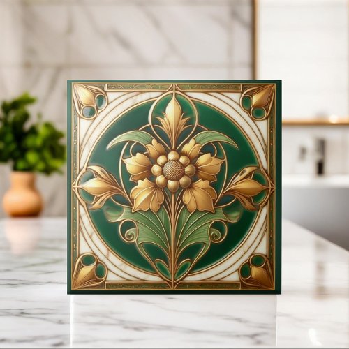 Oriental Floral Ornament Tile _ Green and Gold