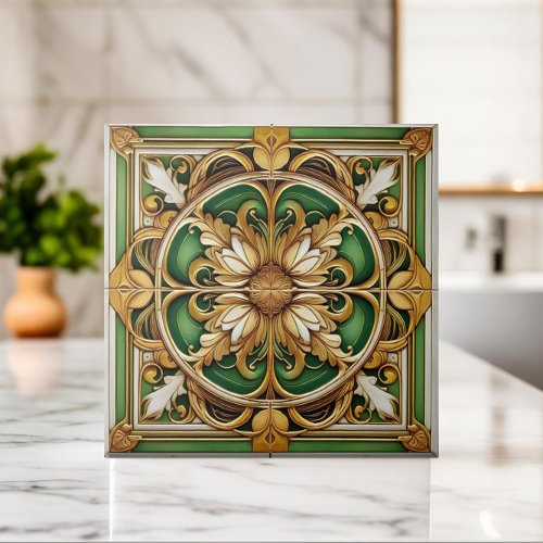 Oriental Floral Ornament Tile _ Green and Gold