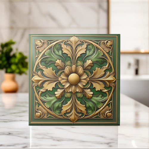 Oriental Floral Ornament Tile _ Green and Gold