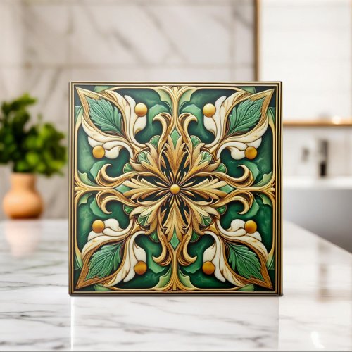 Oriental Floral Ornament Tile _ Green and Gold