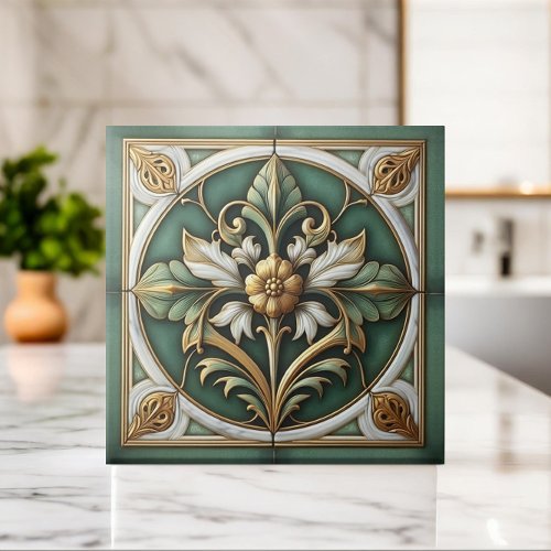 Oriental Floral Ornament Tile _ Green and Gold