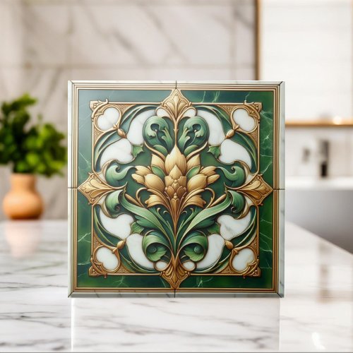 Oriental Floral Ornament Tile _ Green and Gold