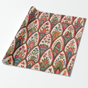 ORIENTAL FLORAL PATTERN Colorful Flowers and Leave Wrapping Paper