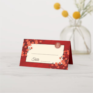 Oriental Floral Red Gold   Chinese Wedding Place Card
