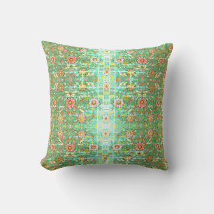 oriental floral vintage green pink yellow pillow