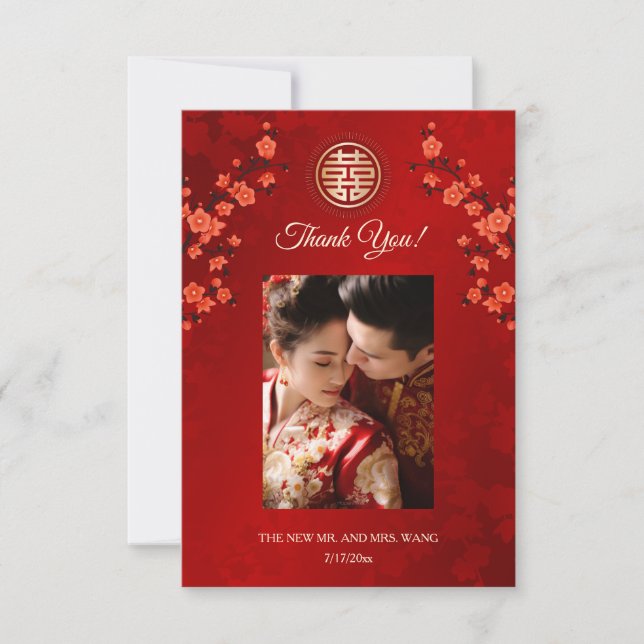 Oriental Flower Photo Chinese Wedding Thank You Card (Front)