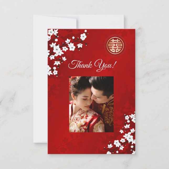 Oriental Flower Photo Chinese Wedding Thank You Card (Front)