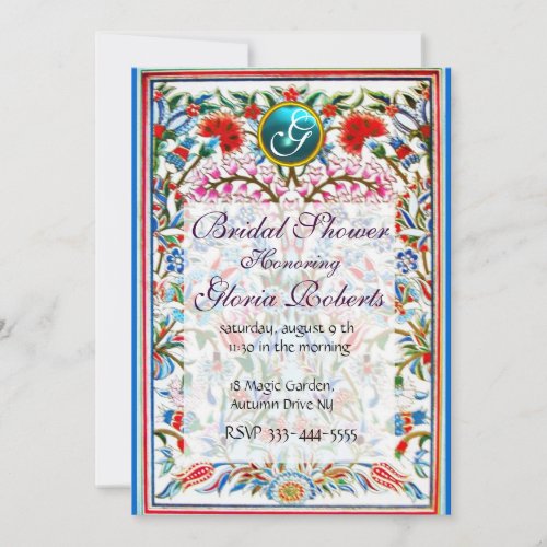 ORIENTAL  FLOWERS DAMASK MONOGRAM Blue Aquamarine Invitation