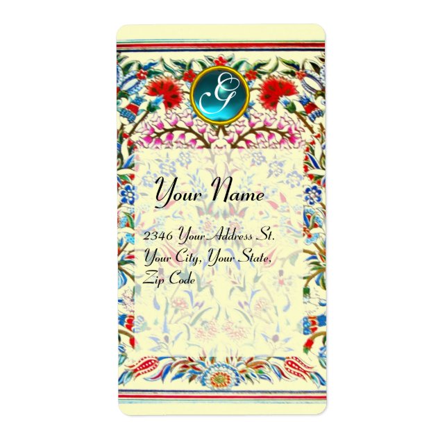 ORIENTAL  FLOWERS DAMASK MONOGRAM Blue Cream Label (Front)