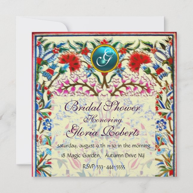 ORIENTAL  FLOWERS DAMASK MONOGRAM Blue Ice Invitation (Front)