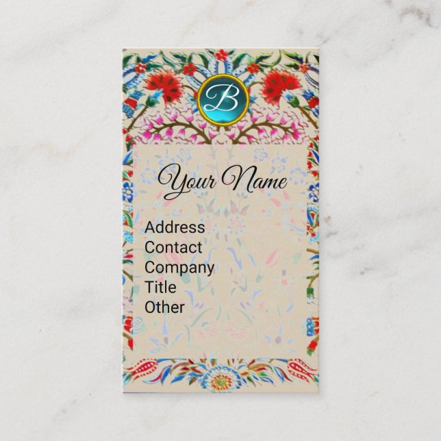 ORIENTAL FLOWERS DAMASK MONOGRAM Blue Pink Floral Business Card (Front)