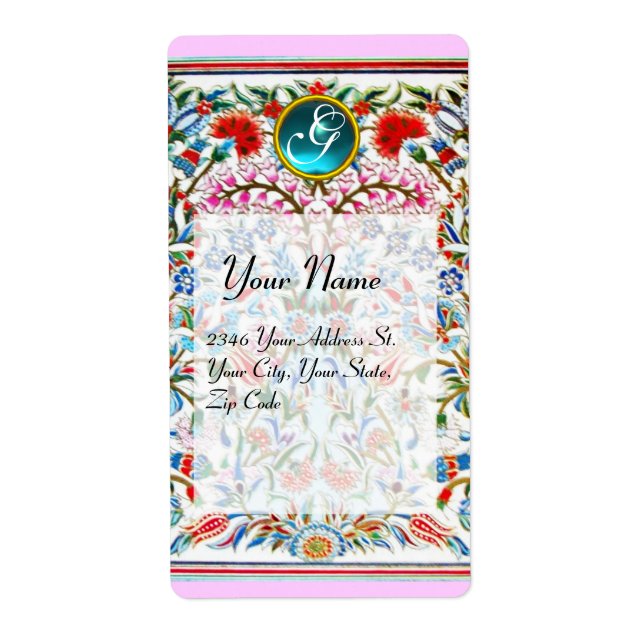 ORIENTAL  FLOWERS DAMASK MONOGRAM Blue Pink Label (Front)