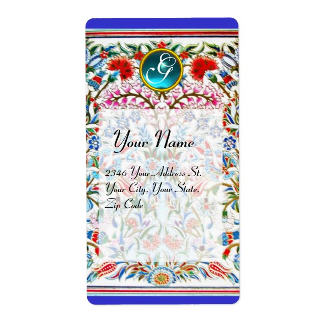 ORIENTAL  FLOWERS DAMASK MONOGRAM Blue Red Label (Front)