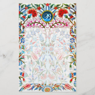 ORIENTAL  FLOWERS DAMASK MONOGRAM Blue Sapphire Stationery