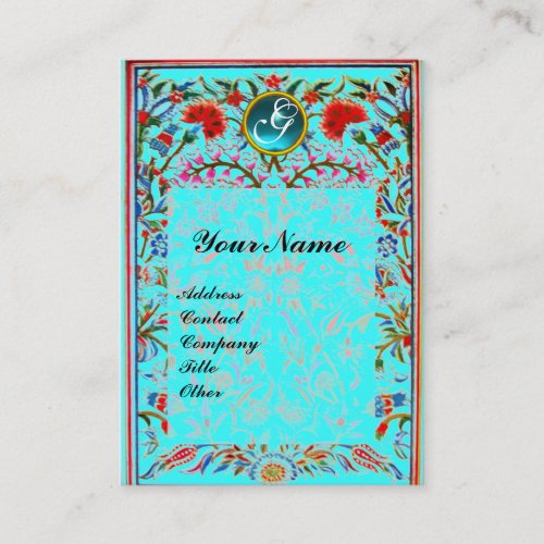 ORIENTAL  FLOWERS DAMASK MONOGRAM Blue Turquase Business Card