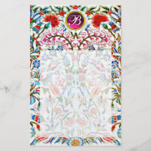 ORIENTAL  FLOWERS DAMASK MONOGRAM Pink Amethyst Stationery