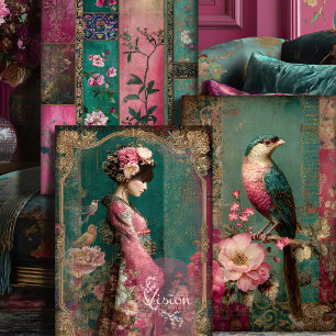 Oriental Garden, Portrait, Bird, Patchwork, Floral Wrapping Paper Sheets