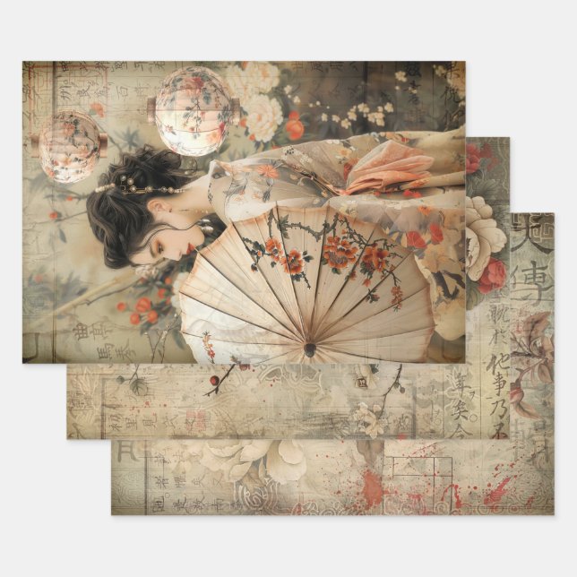 Oriental Geisha Esthetics Heavy Weight Decoupage  Wrapping Paper Sheets (Set)