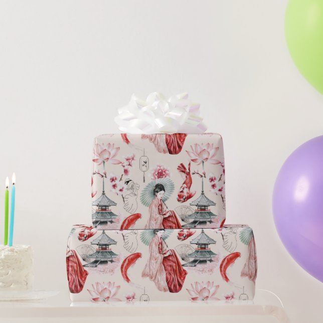Oriental Geisha, Koi Fish, Japanese Pagoda Wrapping Paper (Party Gifts)