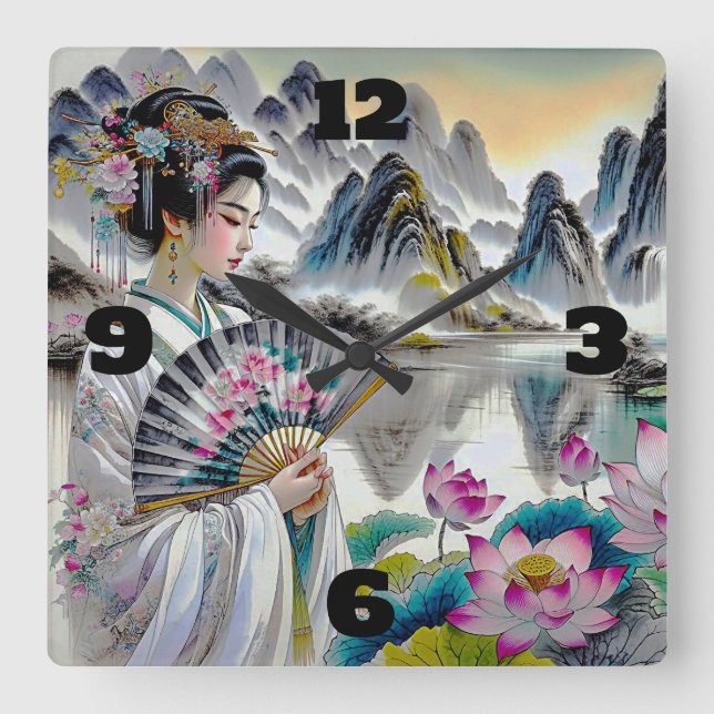 Oriental Geisha Lady, Mountains and Lotus Square Wall Clock (Front)