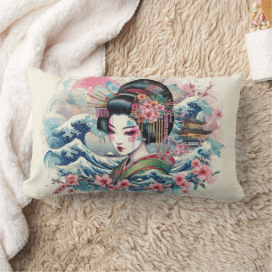 Oriental Geisha Maiko Kanagawa waves temple Lumbar Pillow