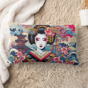 Oriental Geisha Maiko Kanagawa waves temple Lumbar Pillow