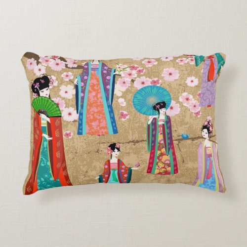 Oriental girl in retro costumejapanese chinese a accent pillow