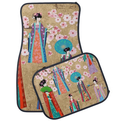 Oriental girl in retro costumejapanese chinese a car floor mat