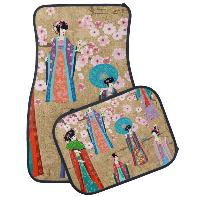 Oriental girl in retro costumejapanese, chinese, a car floor mat (Set)