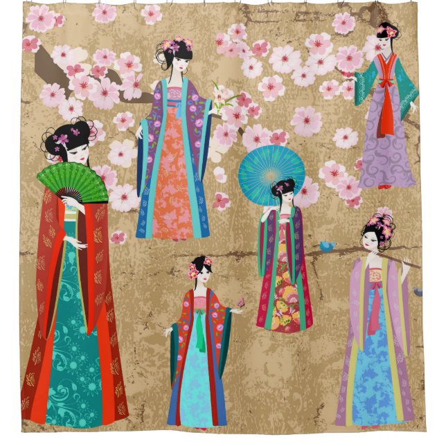 Oriental girl in retro costumejapanese, chinese, a shower curtain (Front)