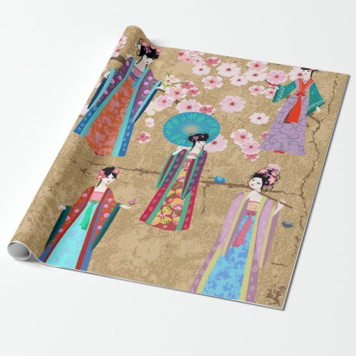 Oriental girl in retro costumejapanese chinese a wrapping paper