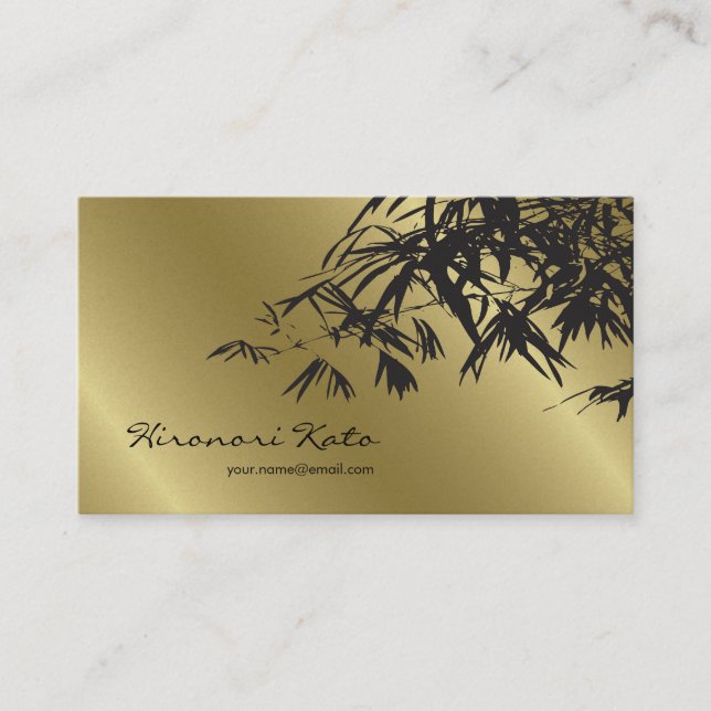 Oriental Gold And Black Bamboo Leaves Stylish Zen Business Card (Front)