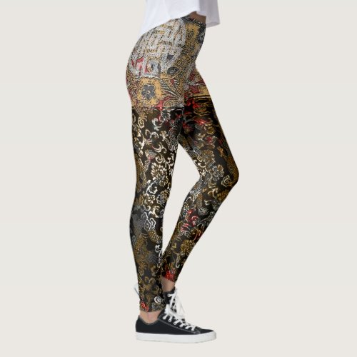 Oriental Gold Leaf Silver Dragon Leggings