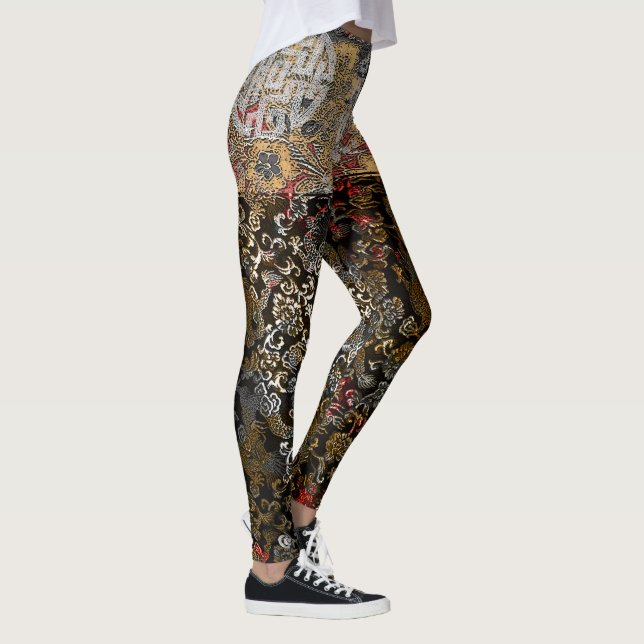Oriental Gold Leaf Silver Dragon Leggings (Right)