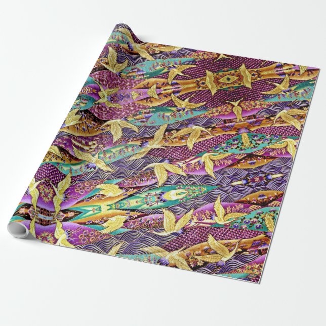 Oriental Golden Cranes Patchwork Wrapping Paper (Unrolled)