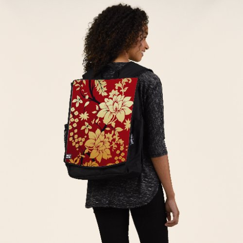Oriental Golden Flowers on Red Backpack