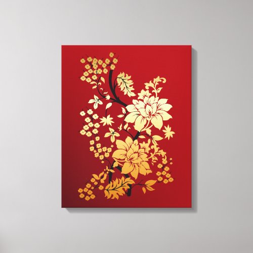Oriental Golden Flowers on Red Canvas Print