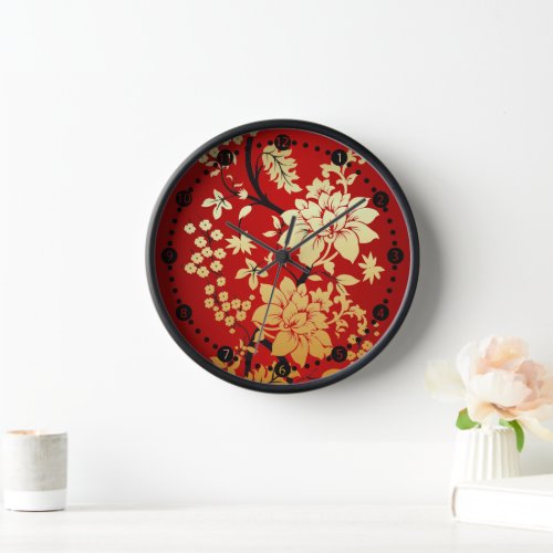 Oriental Golden Flowers on Red Clock