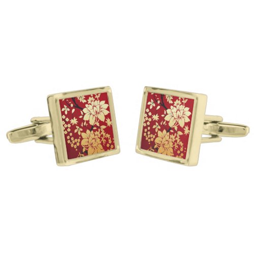 Oriental Golden Flowers on Red Cufflinks