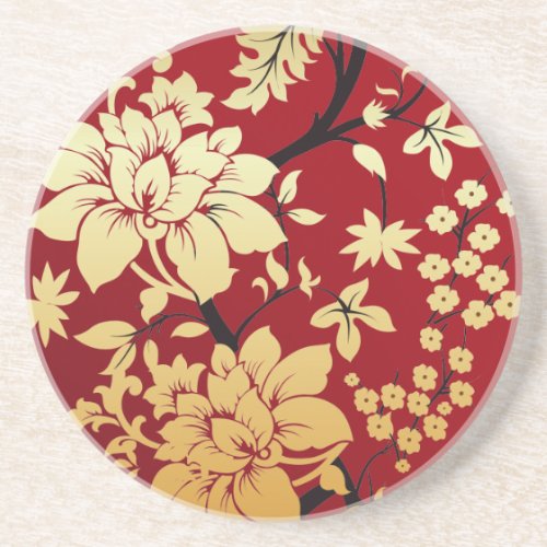 Oriental Golden Flowers on Red Drink Coaster