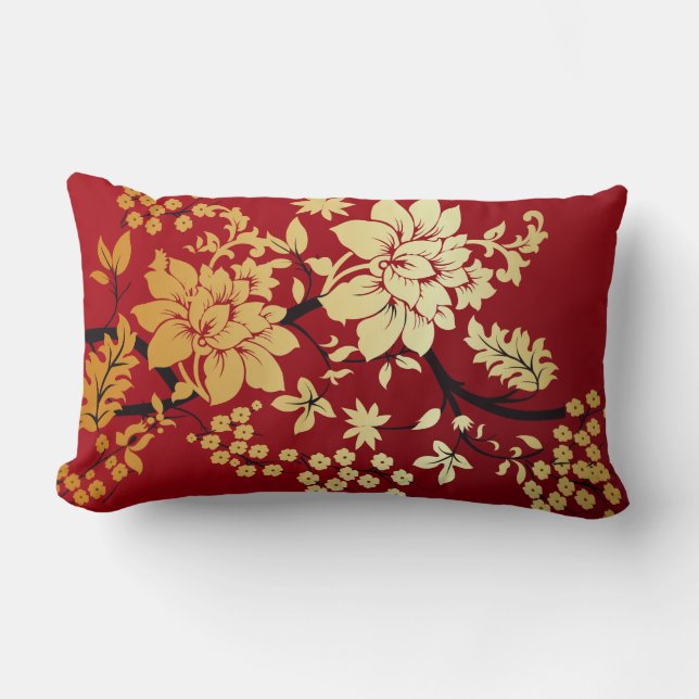Oriental Golden Flowers on Red Lumbar Pillow (Front)